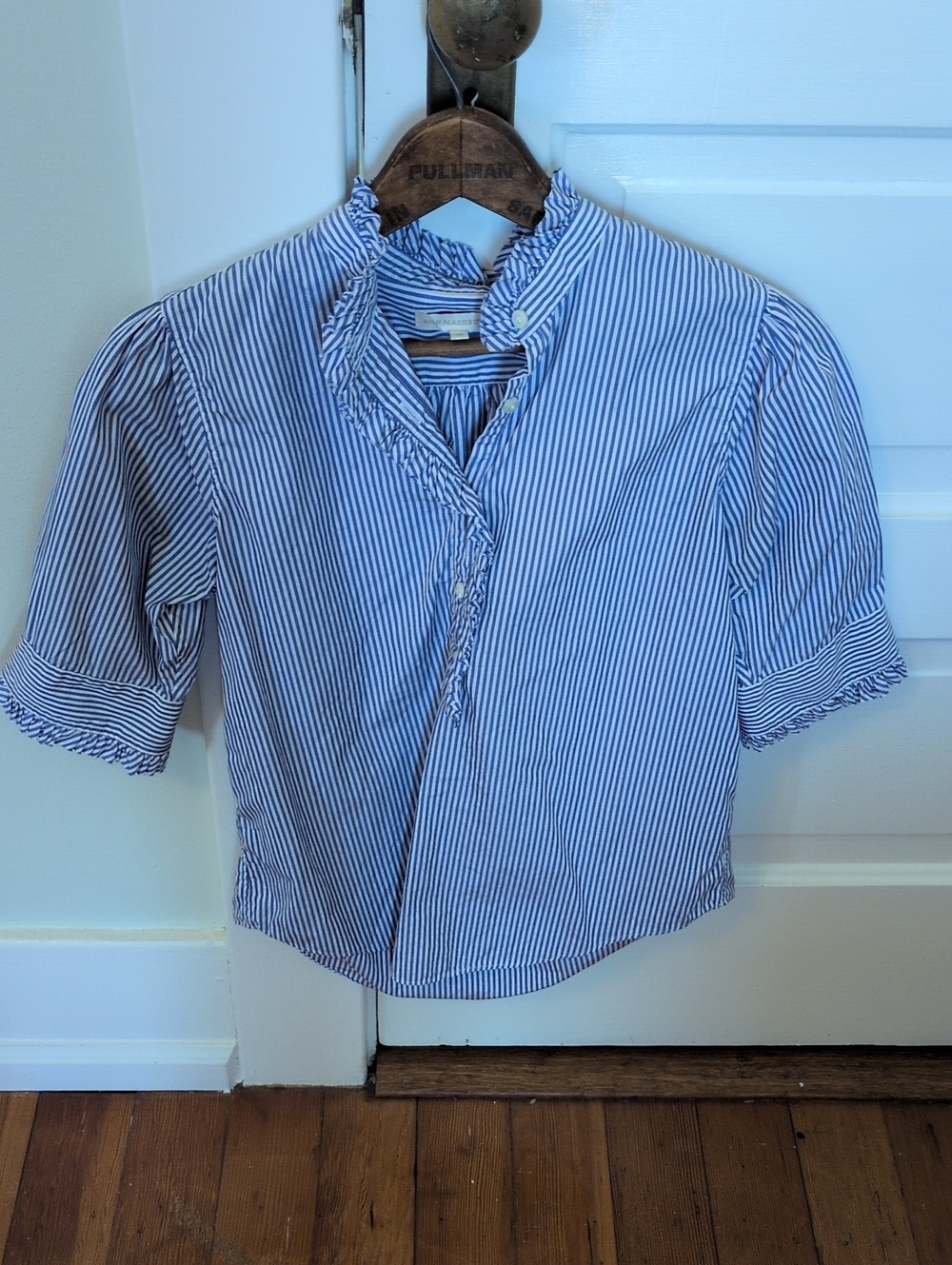 ANN MASHBURN Blue and White Striped Frill Button-Down Blouse